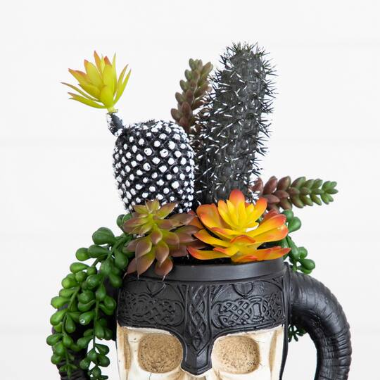 9" Artificial Halloween Mixed Succulent Garden in Warrior Skull Planter